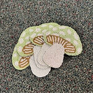 4 Beaded Embroidered Green Pastel Mushroom Drink Coasters Home Accessory Decor